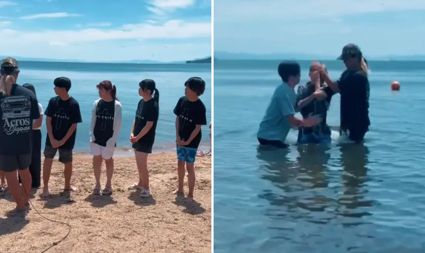 Durante acampamento no Japão, jovens participam de batismo em lago