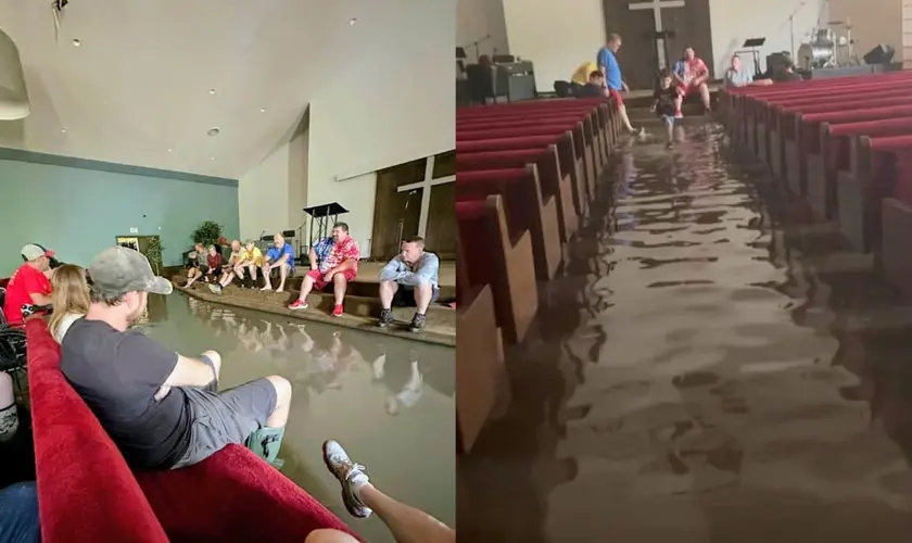 Igreja louva a Deus dentro de templo alagado após enchente nos EUA