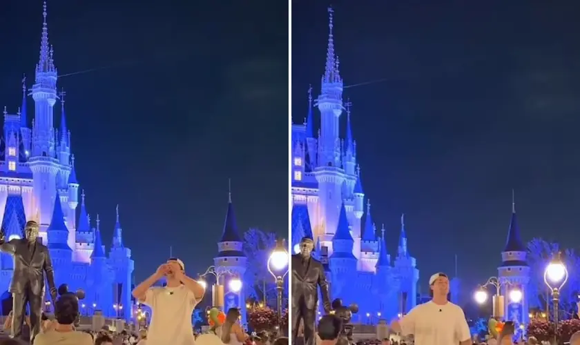 Durante visita, cristão prega em frente ao castelo da Disney